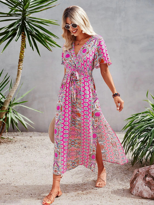 Boho Dress - Side Slit & Tie Belt